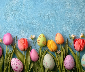 Tło, Niebieskie, Kolorowe, Wielkanoc, Pisanki, Kwiaty, Tulipany