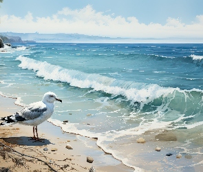 Plaża, Grafika, Mewa, Fale, Morze