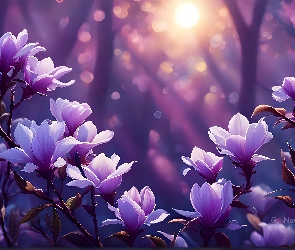 Grafika, Kwiaty, Fioletowe, Magnolie