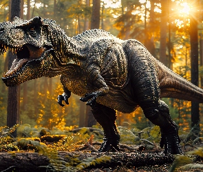 Dinozaur, Promienie słońca, Las, Tyranozaur, Grafika