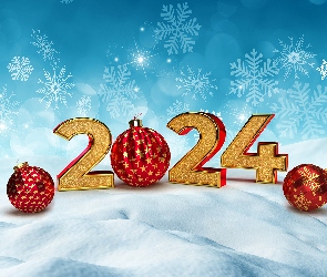 Śnieżynki, Śnieg, 2024, Nowy Rok, Cyfry, Bombki