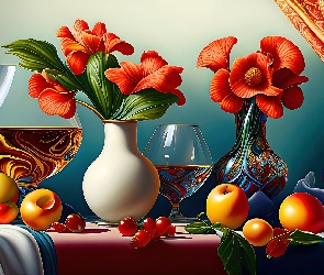 Wazony, Owoce, Stół, Kieliszki, Digital Art, Kwiaty, Kompozycja, Jabłka