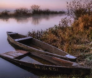 Łódki, Brzeg, Krzewy, Trawa, Rzeka