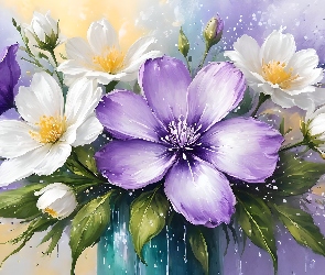 Grafika, Kwiaty, Fioletowe, Białe