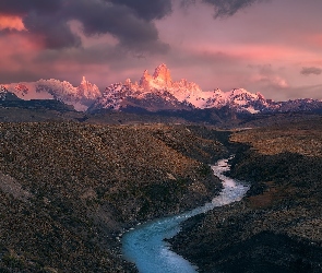 Park Narodowy Los Glaciares, Skarpa, Góry, Argentyna, Rzeka, Wschód słońca, Chmury
