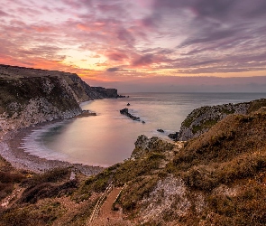 Morze, Hrabstwo Dorset, Zachód słońca, Anglia, Chmury, Man OWar Beach, Wybrzeże, Zatoka, Plaża