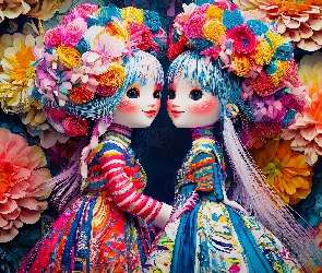 Kolorowy, Kwiaty, Dziewczynki, Sukienki, Grafika, Dwie, Lalki