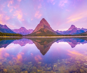 Swiftcurrent Lake, Jezioro, Montana, Odbicie, Góry, Stany Zjednoczone, Park Narodowy Glacier