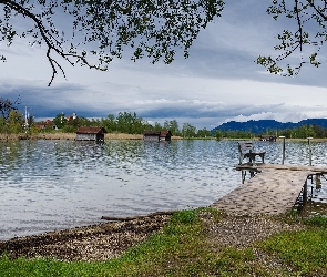 Kochelsee, Domy, Jezioro, Ławka, Schlehdorf, Pomost, Niemcy, Drzewa