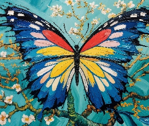 Kwiaty, Gałązki, Grafika, Motyl