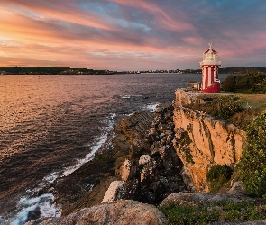 Skały, Drzewa, Morze, Hornby Lighthouse, Poranek, Latarnia morska, Australia, Kamienie