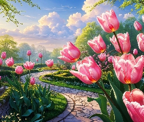 Grafika, Park, Kwiaty, Tulipany, Wiosna, Ścieżka