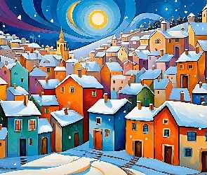 Zima, Grafika, Kolorowe, Domy