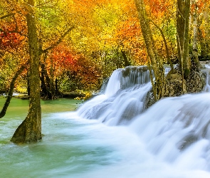 Las, Wodospad Huai Mae Khamin, Jesień, Kamienie, Prowincja Kanchanaburi, Drzewa, Tajlandia, Park Narodowy Khuean Srinagarindra