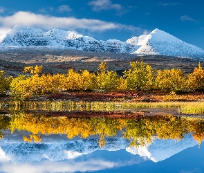 Drzewa, Jezioro, Park Narodowy Rondane, Jesień, Ośnieżone, Norwegia, Góry