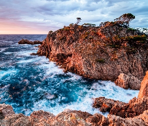 Hiszpania, Costa Brava, Morze, Wschód słońca, Wybrzeże, Skały