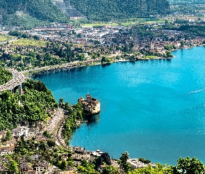 Zamek Chillon, Z lotu ptaka, Szwajcaria, Montreux, Jezioro Genewskie