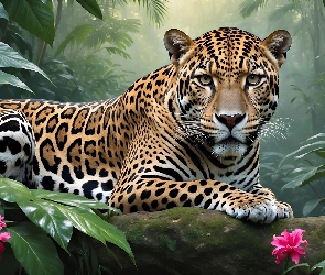 Liście, Kwiaty, Jaguar, 2D, Różowe, Leżący, Kłoda