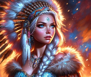 Blondynka, Grafika, Pióropusz, Warkocz, Kobieta