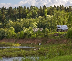 Rzeka, Wzgórze, Domy, Drzewa