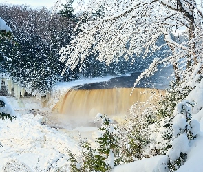 Michigan, Tahquamenon Falls, Śnieg, Stany Zjednoczone, Wodospad, Zima, Drzewa