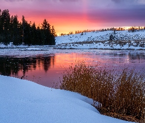 Wyoming, Park Narodowy Yellowstone, Rzeka, Stany Zjednoczone, Drzewa, Zachód słońca, Zima