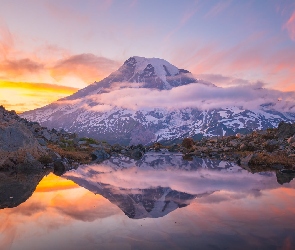 Góra, Stan Waszyngton, Park Narodowy Mount Rainier, Stany Zjednoczone, Odbicie, Kamienie, Stratowulkan Mount Rainier, Jezioro, Reflection Lake
