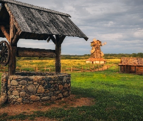 Wieś, Łąki, Studnia, Wiatrak