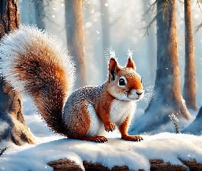 Wiewiórka, Grafika, Las, Śnieg, Zima