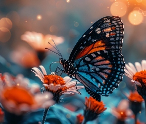 Kwiaty, Białe, Niebiesko-pomarańczowy, Motyl
