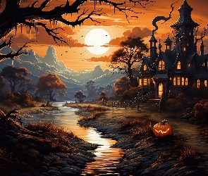 Grafika, Dom, Halloween, Rzeka, Dynia, Góry, Księżyc, Drzewa