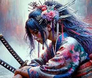 Samurajka, Grafika, Kimono, Miecze, Kobieta