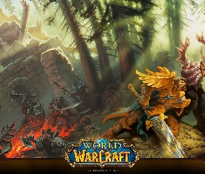 Plakat, Ogień, Ruiny, Walka, Postacie, World of Warcraft, Rycerze, Orki, Gra, Las