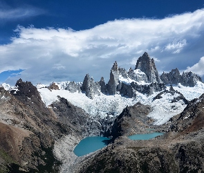 Jeziora, Szczyt Fitz Roy, Patagonia, Niebo, Góry, Argentyna, Ośnieżone