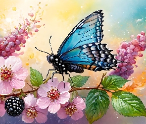 Motyl, Niebieski, Różowe, Grafika, Liście, Jeżyny, Kwiaty