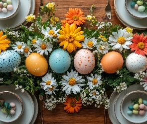 Stół, Kompozycja, Kolorowe, Grafika, Kwiaty, Wielkanoc, Pisanki