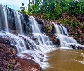 Minnesota, Rzeka, Stany Zjednoczone, Waterfalls Middle Falls, Skały, Wodospady, Drzewa, Gooseberry River