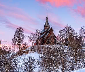 Kościół, Zima, Drewniany, Drzewa, Gmina Vang, Hore Stave Church, Norwegia, Ryfoss
