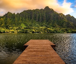 Góry, Hawaje, Molii Pond, Stany Zjednoczone, Wyspa Oahu, Jezioro, Pomost, Drzewa, Chmury