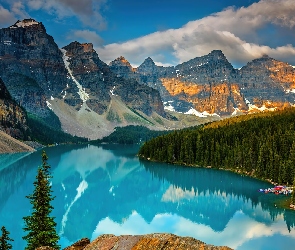 Alberta, Moraine Lake, Kanada, Jezioro, Drzewa, Park Narodowy Banff, Chmury, Góry