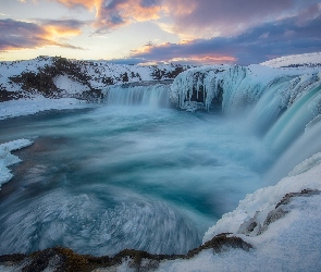 Śnieg, Islandia, Godafoss Waterfall, Wodospad, Zima