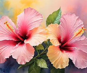 Grafika, Hibiskus, Różowe, Kwiaty