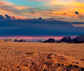 Wadi Rum Reserve, Dolina, Niebo, Jordania, Piasek, Kolorowe, Skały