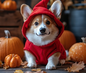 Dynie, Ubranko, Welsh corgi pembroke, AI, Czerwone, Pies, Czapka