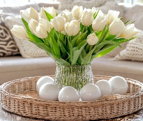 Koszyczek, Wazon, Białe, Tulipany