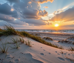 Plaża, Grafika AI, Zachód słońca, Morze, Wydmy