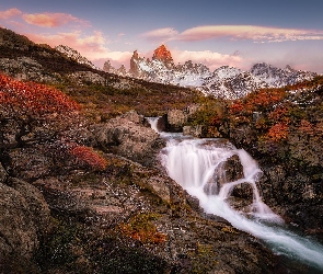 Argentyna, Roślinność, Kaskada, Skały, Jesień, Rzeka, Patagonia, Góra, Fitz Roy