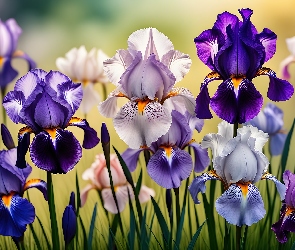 Grafika, Kolorowe, Irysy, Kwiaty
