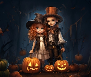 Dziewczynka, Halloween, Dynie, Latarnie, Chłopczyk