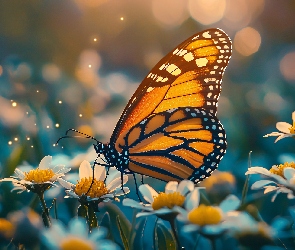 Motyl, Rumiany, Kwiaty, Białe, Żółty